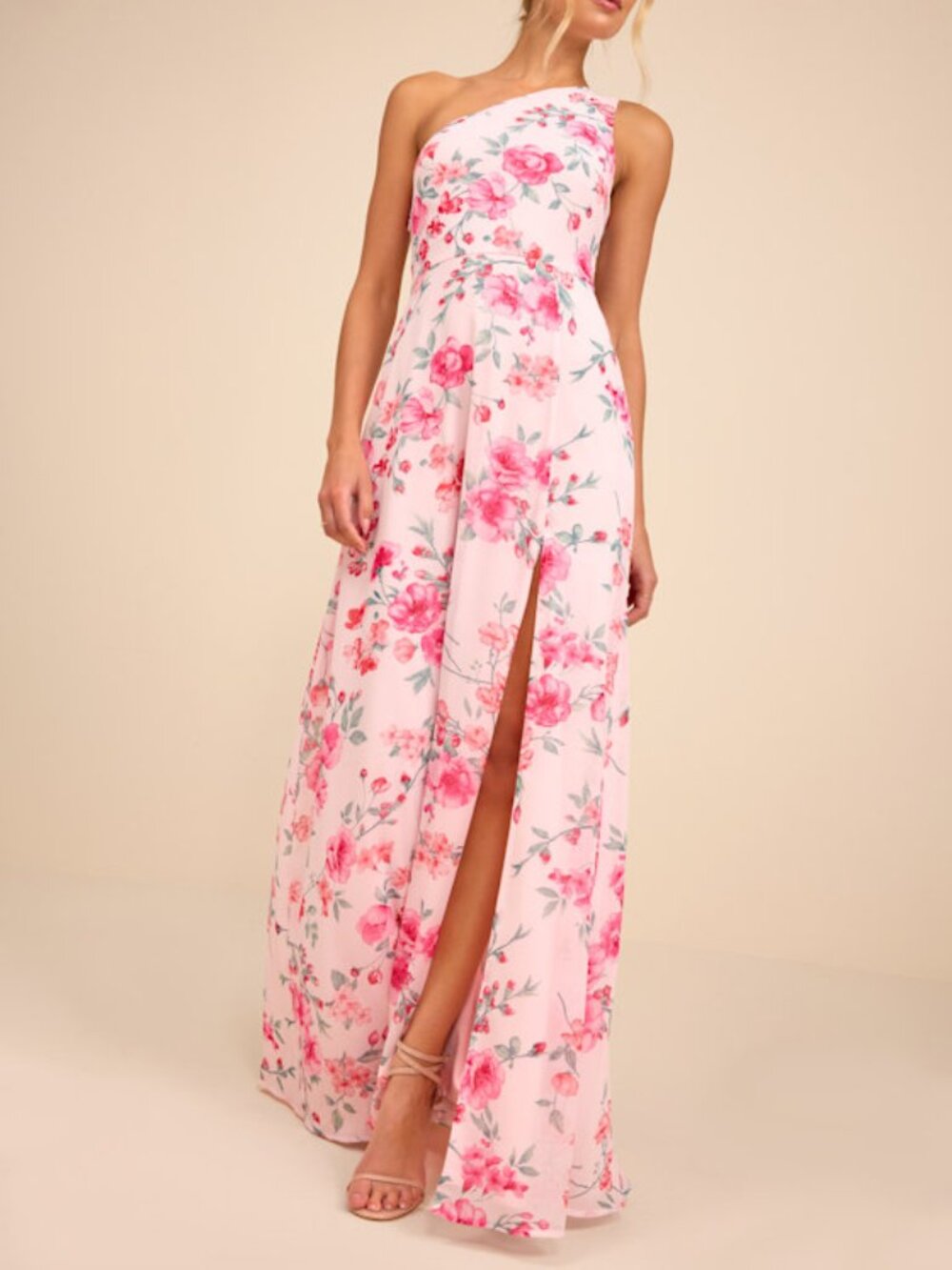 Lulus Elegant Admiration Light Pink Floral One-shoulder Maxi Dress - Size S